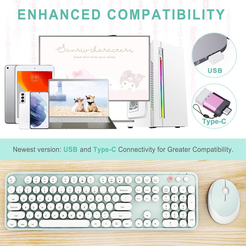 SkyGive Wireless Keyboard and Mouse Combo, Ergonomic Full Size Typewriter Retro Round Keycaps Keyboard, Compatible with Windows, PC, Perfer for Home and Office Keyboards（Green） - Image 2